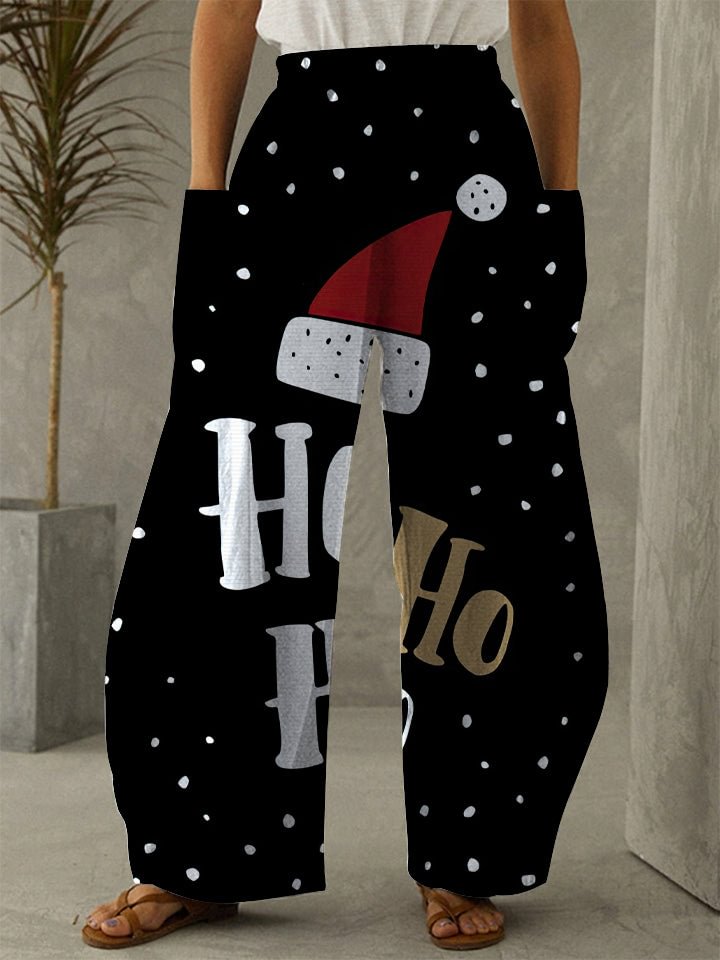 HOHOHO Christmas Hat Print Casual Straight Pants