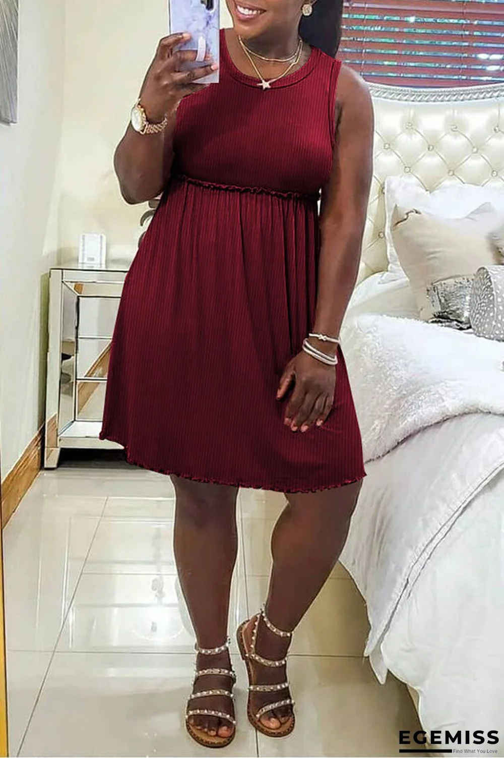 Burgundy Casual Solid Patchwork U Neck Cake Skirt Dresses | EGEMISS