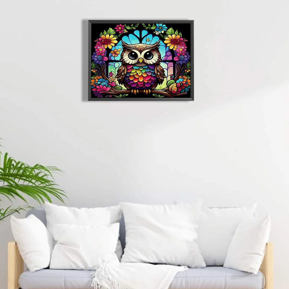 5D DIY Full Round Drill Diamond Painting Stained Glass Owl Kit Home Decor