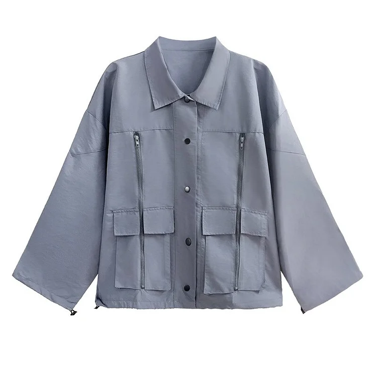 Simple Loose Solid Color Lapel Single-breasted Zipper Pockets Long Sleeve Jacket 