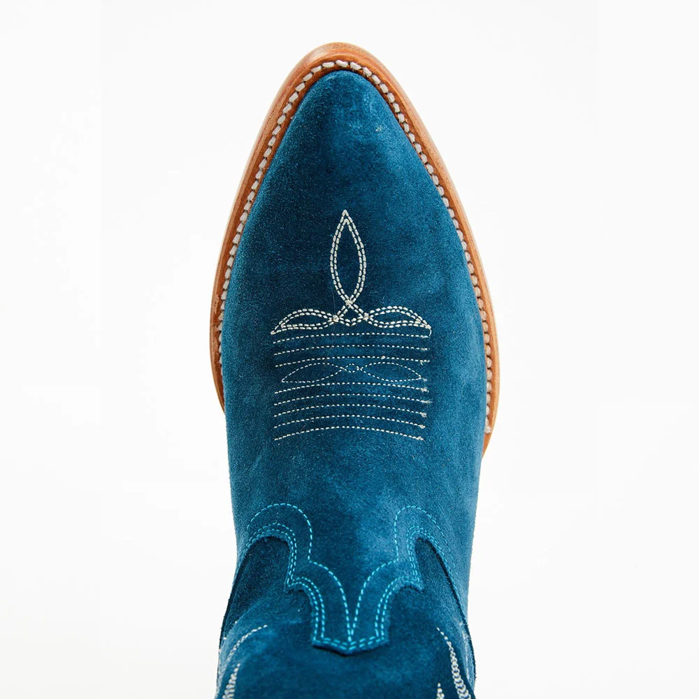 Teal Vegan Suede Almond Toe Chunky Heel Embroidered Cowgirl Boots