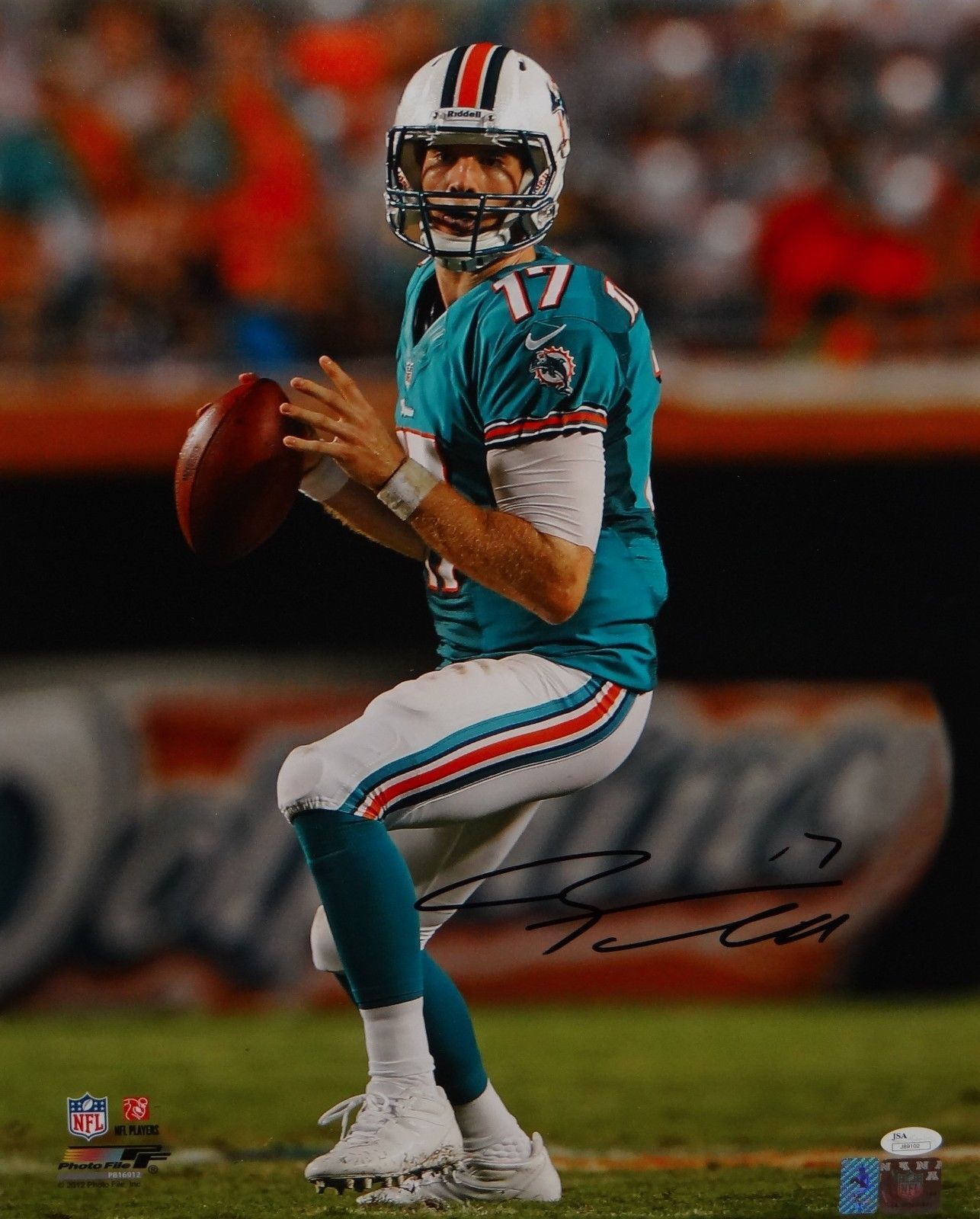 Ryan Tannehill Autographed 16x20 Dolphins Looking To Pass Photo Poster painting- JSA Auth *Black