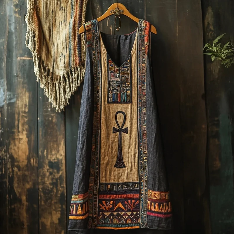 Vintage Egyptian Ankh Embroidered Linen Midi Dress