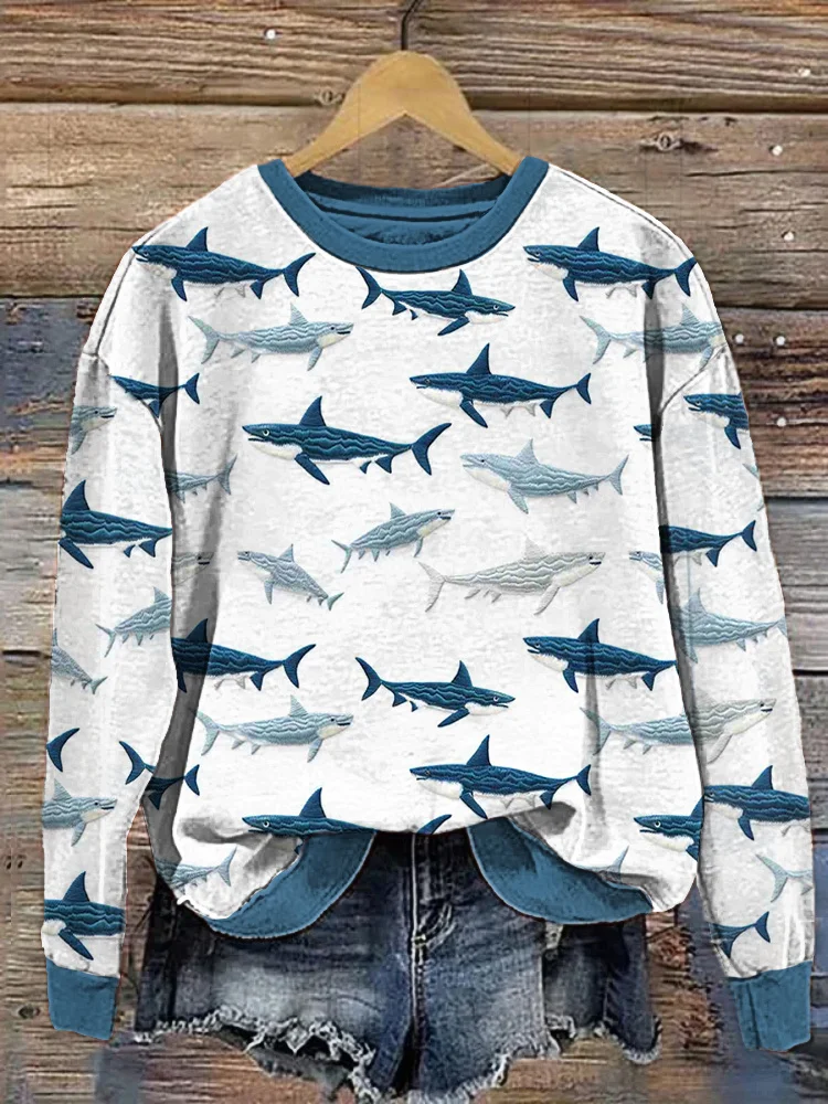 Shark Embroidery Art Printed Casual Cozy Sweater