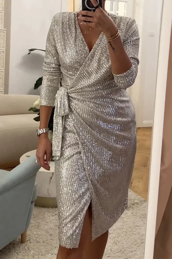 Sequined Glamorous Surplice Lace-Up Midi Dress