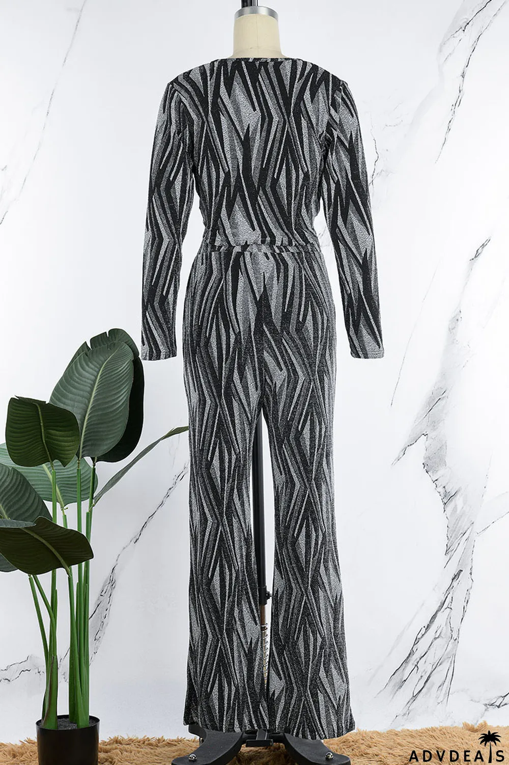 Black Sexy Print Bandage Patchwork V Neck Long Sleeve Two Pieces