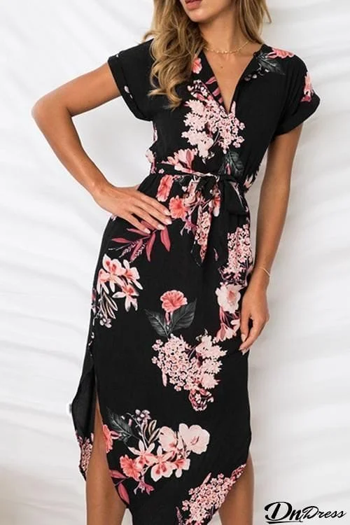 V Neck Floral Print Slit Dress