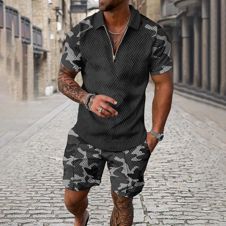 Broswear Men's Camouflage Sleeve Polo Shirt And Shorts Co-Ord