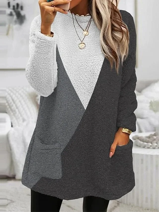 Women‘s Sweatshirt Dress Winter Dress  Mini Dress Gray Long Sleeve Color Block Pocket Winter Fall Crew Neck Casual Loose Fit 2023 S M L XL XXL 3XL | IFYHOME
