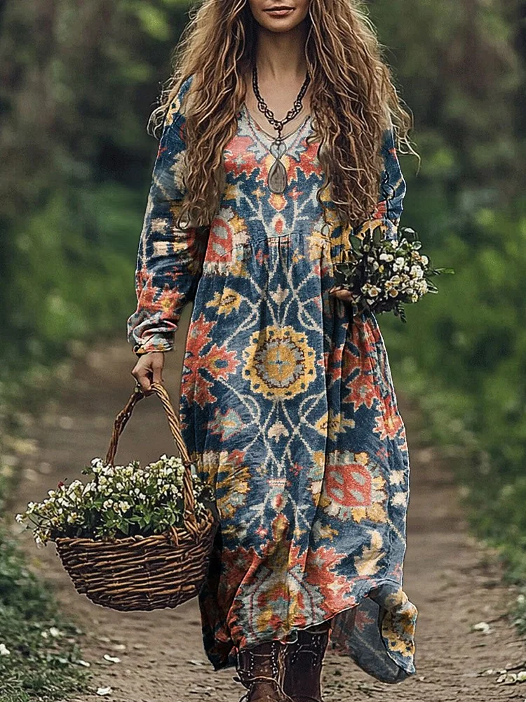 Women's Retro Flowers Print Pocket Cotton Dress