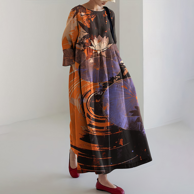 Women's Japanese Lotus Art Pattern Casual Dress wearshes