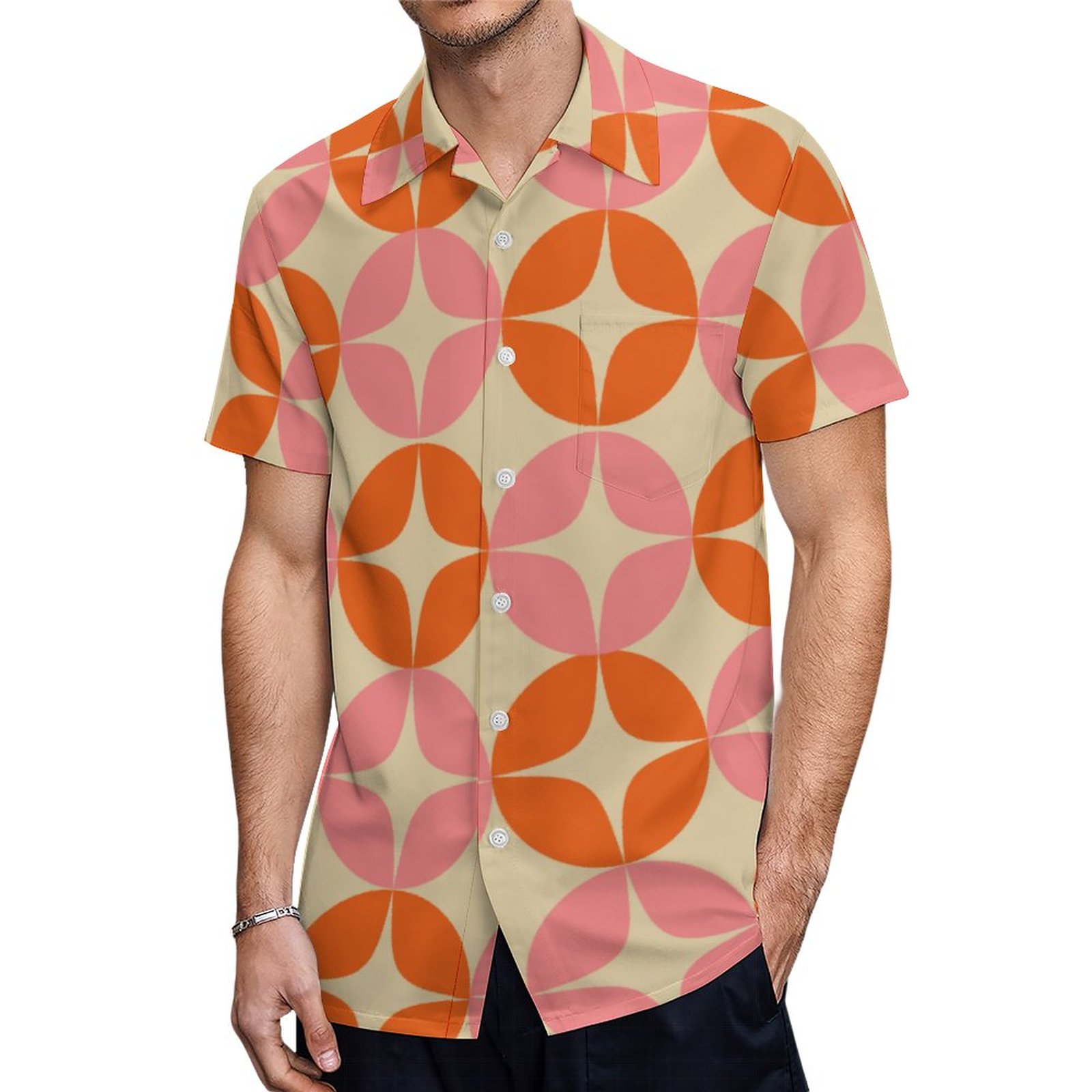 Pink Orange Mid Century Mod Geometric Hawaiian Shirt Mens Button Down Plus Size Tropical Hawaii Beach Shirts