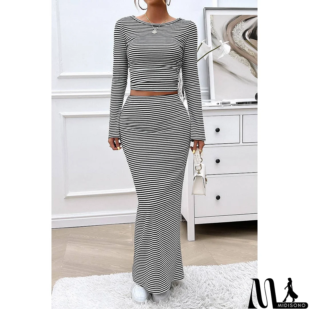 MidiSono - Striped Knitted Crop Top Wrap Hip Long Skirt Set