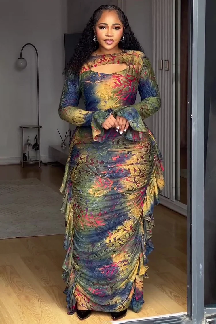 Flare Sleeve Watercolor Print Ruffle Party Maxi Dresses-Green [Pre Order]