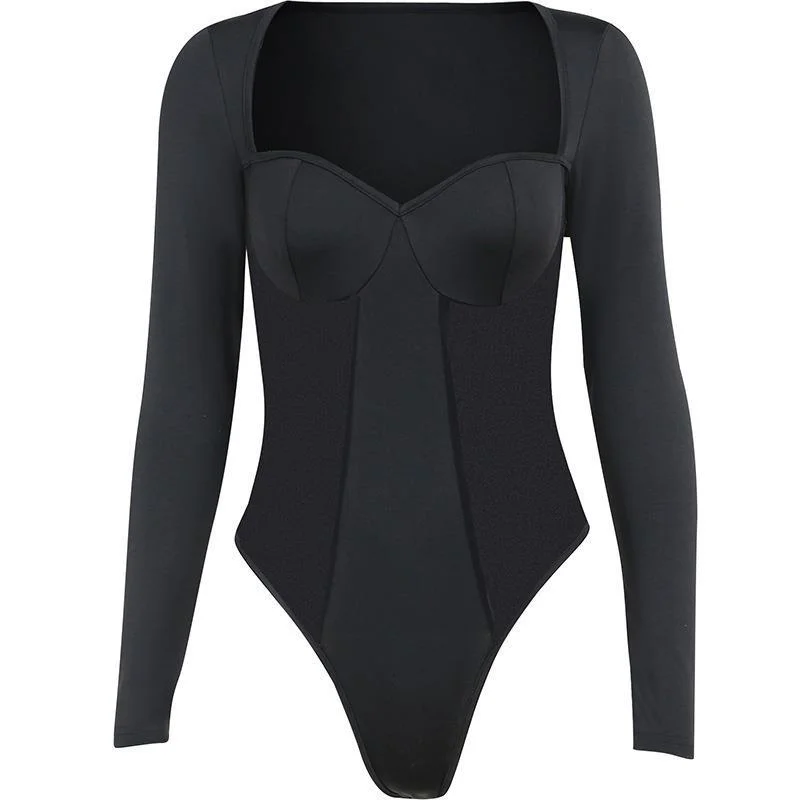 Brownm Brownm Women's New Sexy See-Through Square Collar Splicing Long Sleeve Jumpsuit