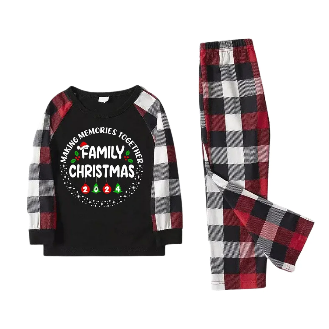 "MAKING MEMORIES TOGETHER FAMILY CHRISTMAS 2024" Text Pattern - Black Top with Red&Black&White Plaid Sleeves - Family Matching Pajamas