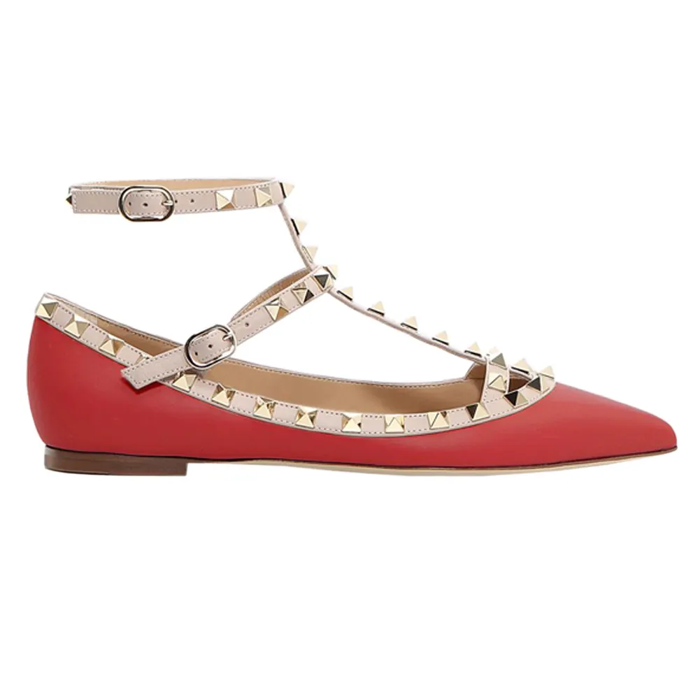 Women's Flats With Double Buckles Fashion Sexy Rivets Rockstud Daily Pointed Toe Ballet Matte Shoes-vocosishoes