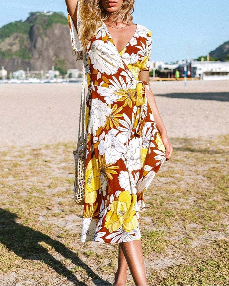  Floral Wrap Tie Wait Dress