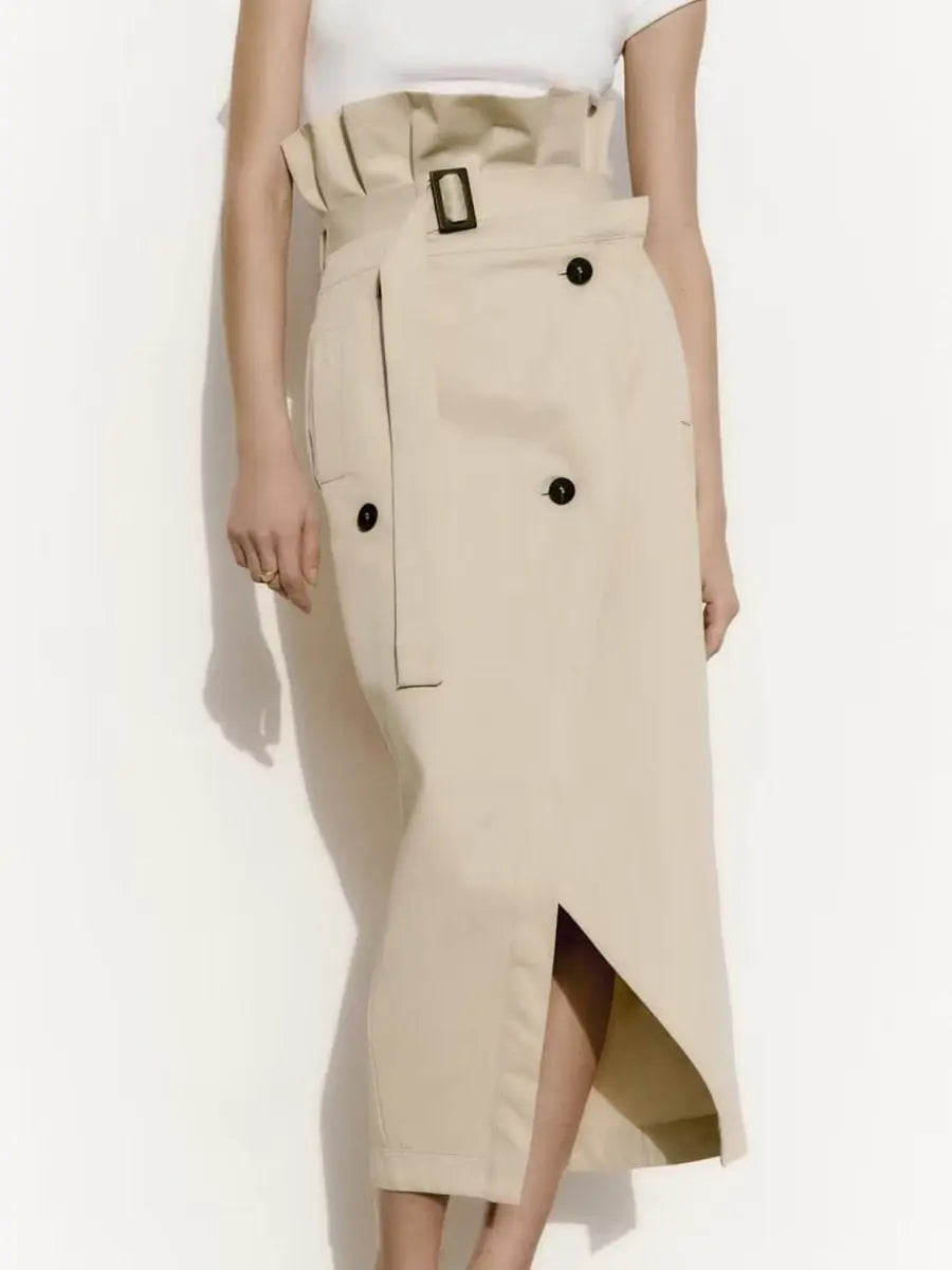 High Waist Belted Double Breasted Skirt