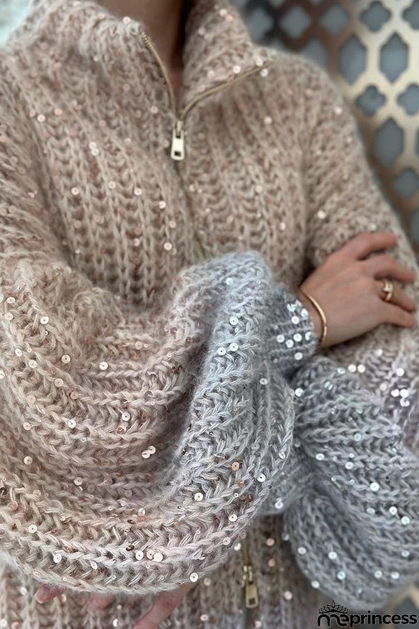 Warm Shining Heart Knit Sequin Balloon Sleeve Zipper Neck Loose Cardigan