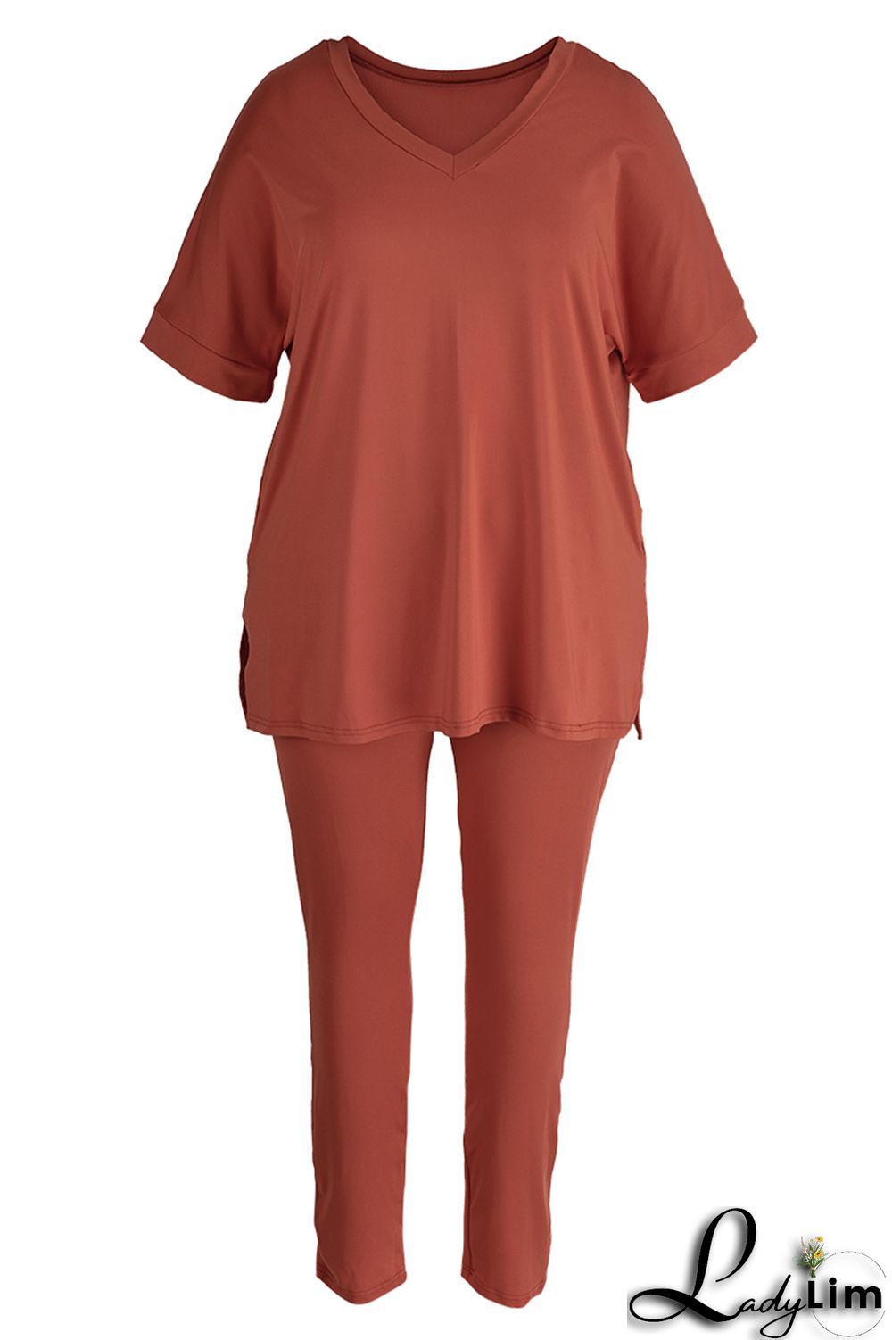 Tibetan Blue Fashion Casual Solid Slit V Neck Plus Size Two Pieces