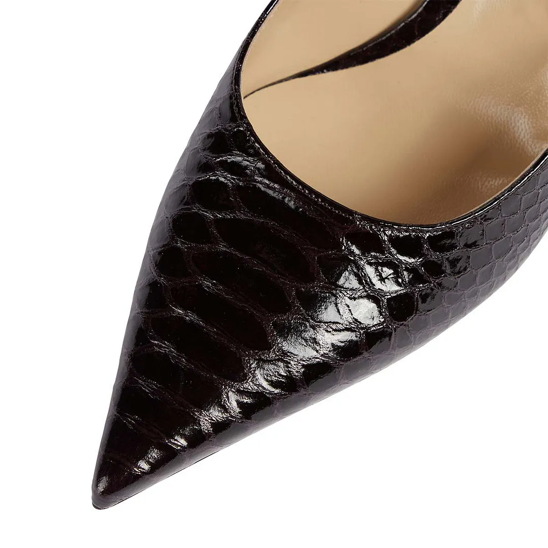 Black Python Embossed Pointed Toe Sculptural Heel Pumps Shoes