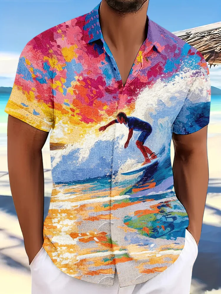 Men's Casual Surfing Tie Dye Hawaii Vacation Art Print Casual Shirt