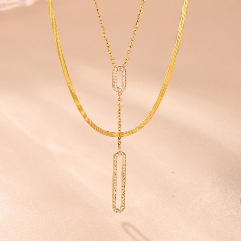 Elegant Luxurious Vacation Rectangle Titanium Steel 18K Gold Plated Rhinestone Necklace