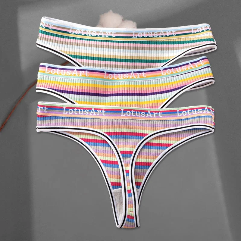 FINETOO 3Pcs/set Women Rainbow Thongs M-XL Cotton Panties Comfortable Striped T-Back Underwear Ladies Soft G-string Lingerie New
