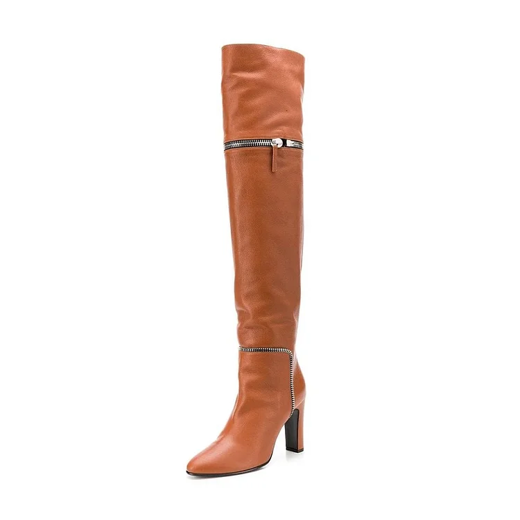 Tan Fashion Zip Long Boots Chunky Heel Boots Over-the-Knee Boots |FSJ Shoes