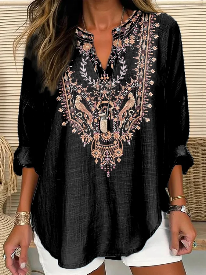 Classic Ethnic Floral  Pattern Women's V-Neck Shirt