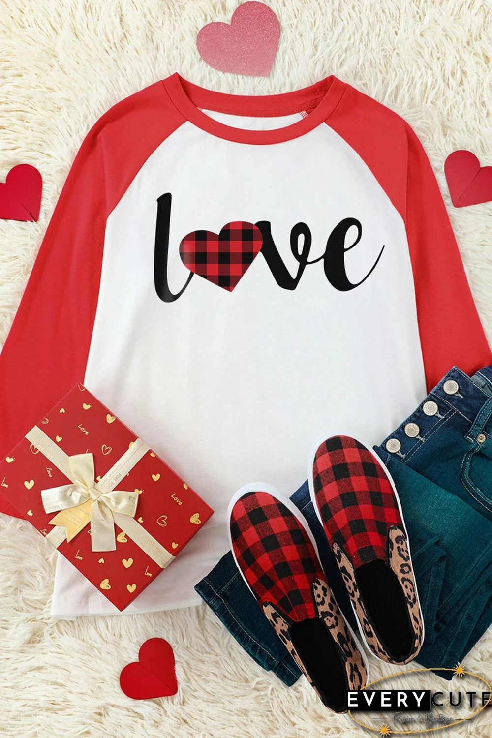 Red Love Plaid Heart Color Block 3/4 Sleeve Top