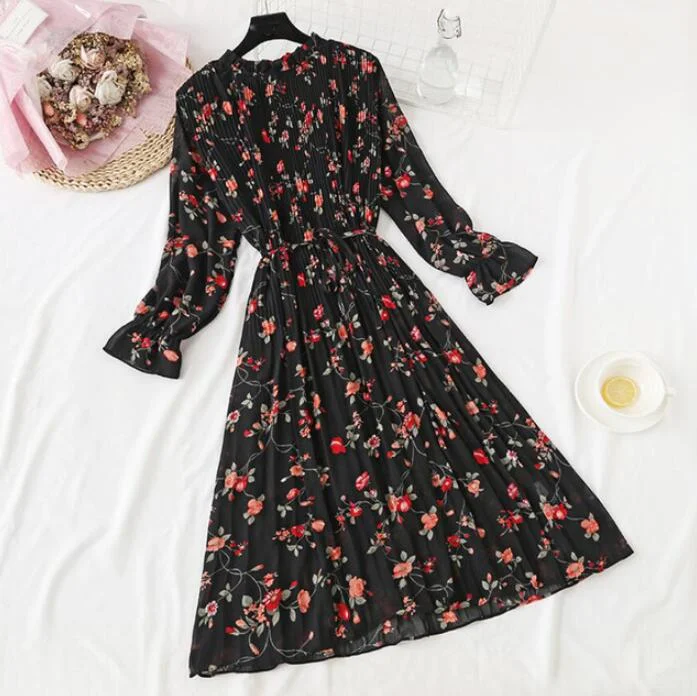 2020 Elegant Women Print Chiffon Dress Long sleeve Lotus leaf collar Pleated Dress Female Casual Midi Dresses vestidos mujer
