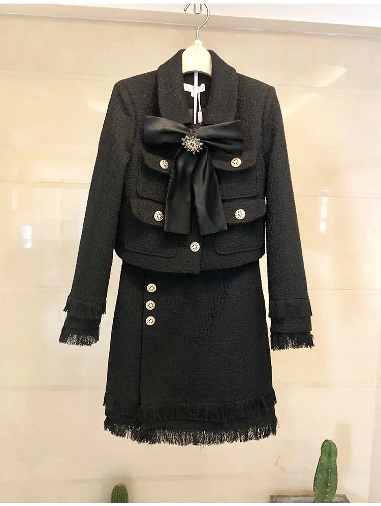 Huiketi 2024 Autumn High Quality Tweed 2 Piece Set Women Winter Bow Jacket Coat + Elegant Mini Tassel Pencil Wool Blend Skirt Suits