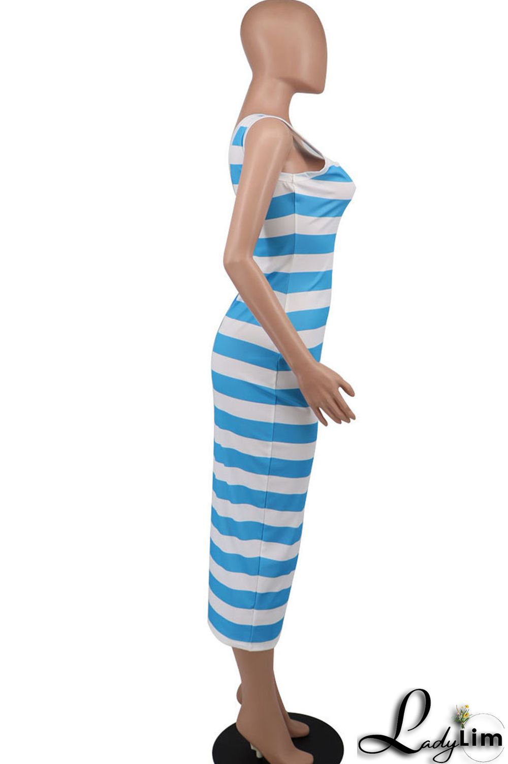 Blue Casual Striped Print Patchwork U Neck Pencil Skirt Dresses