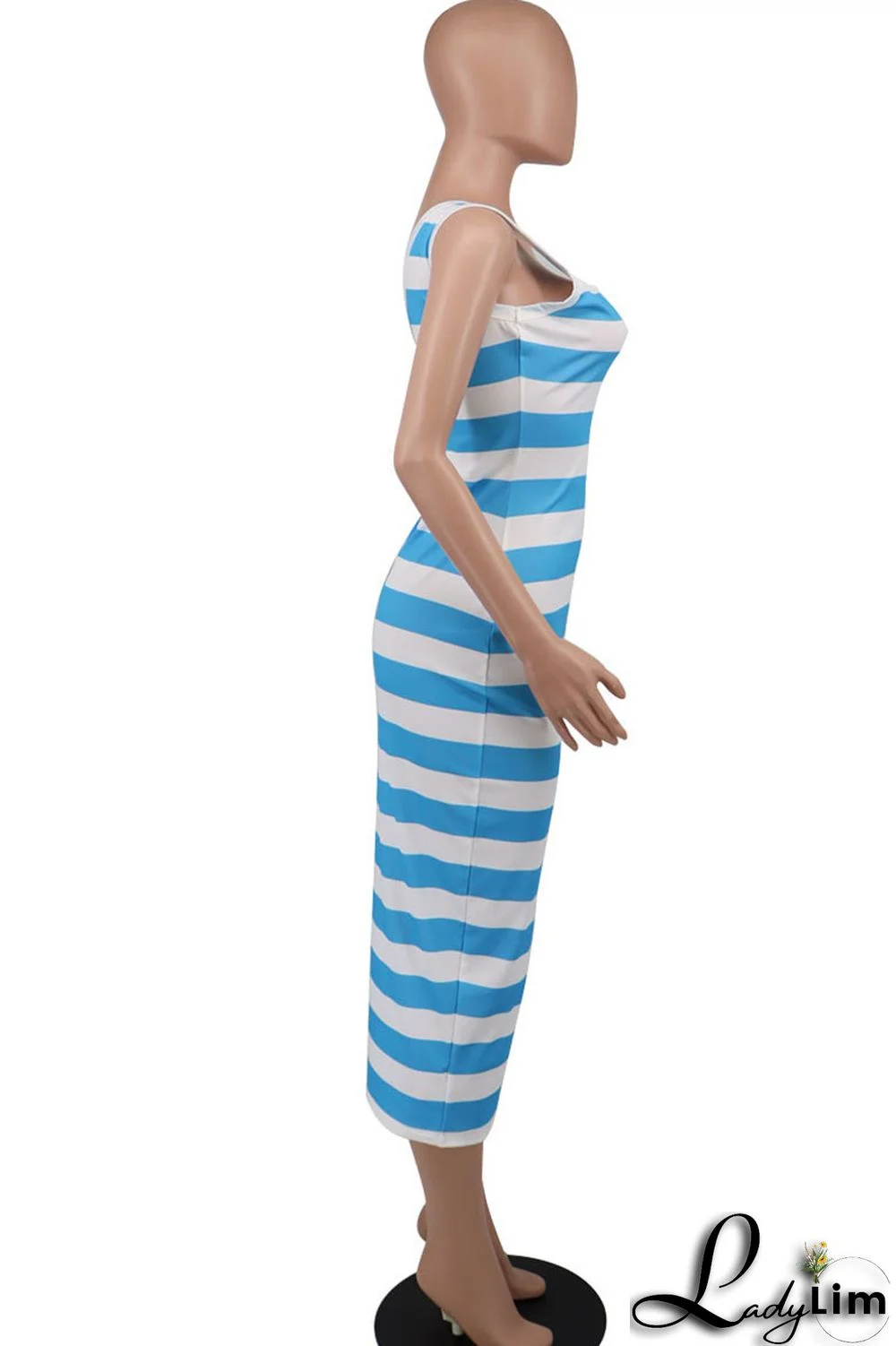 Blue Casual Striped Print Patchwork U Neck Pencil Skirt Dresses