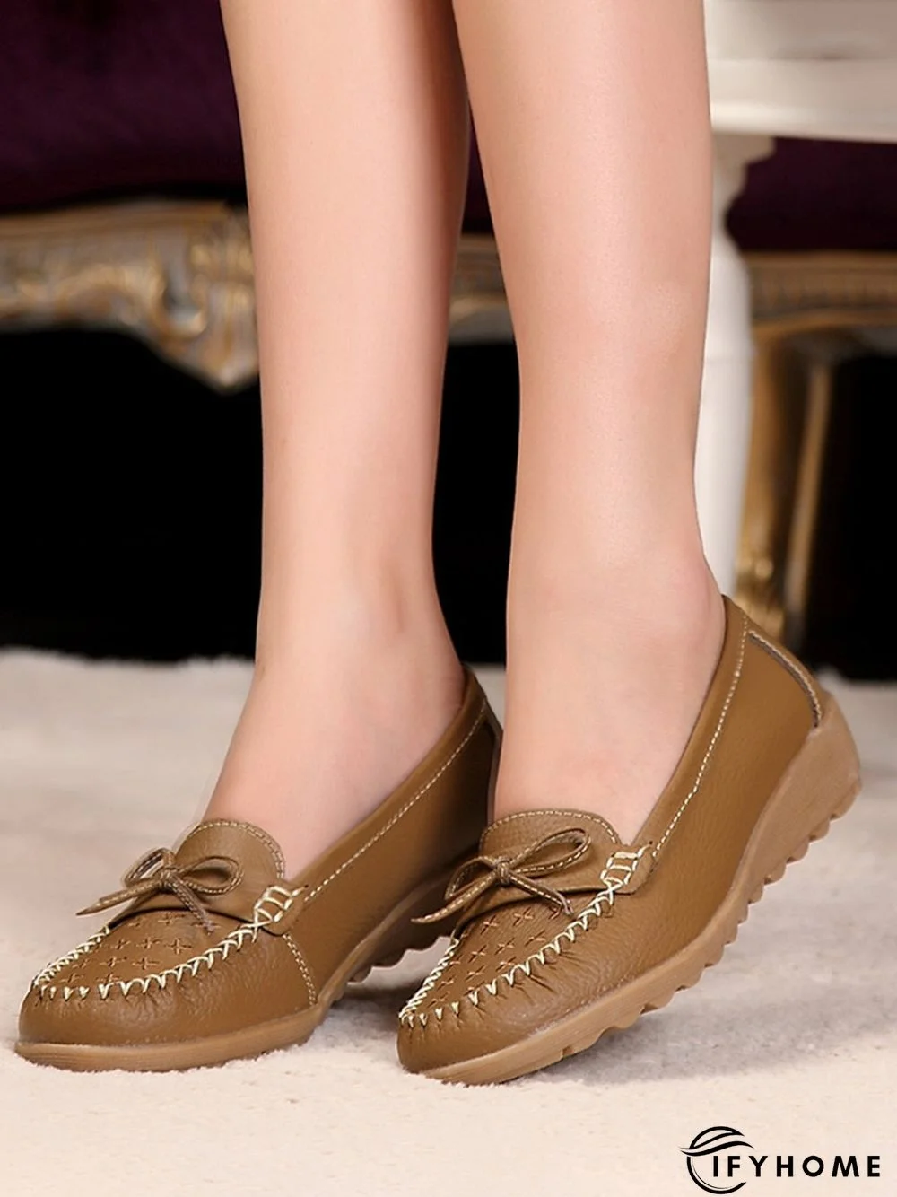 Bow Decor Moccasin Comfy Sole Flat Peas Shoes | IFYHOME