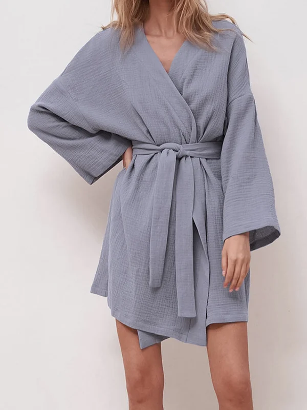 Long Sleeves Roomy Ribbed Pure Color V-Neck Pajamas Robes