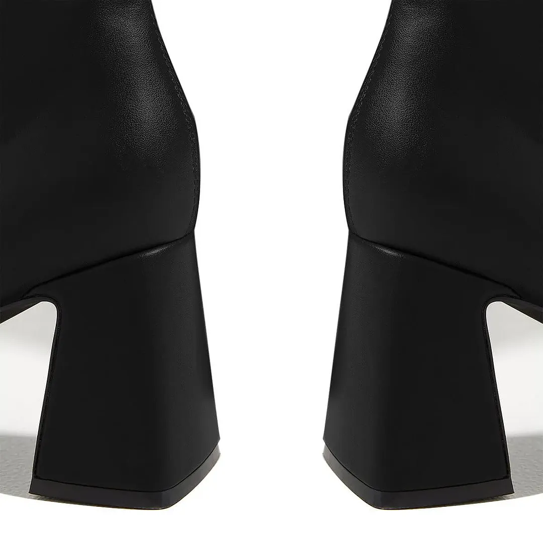 Black Vegan Leather Square Toe Chunky Heel Zipper Mid-Calf Boots