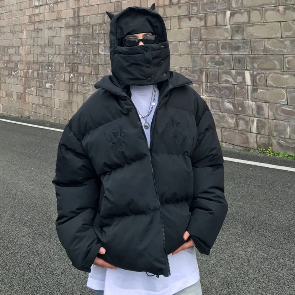 Inongge Men Hip Hop Parka Skull Embroidered Mens Warm Coat Streetwear Thicken Coats Male Winter Outwear Horn Masked Hooded Padded Parkas