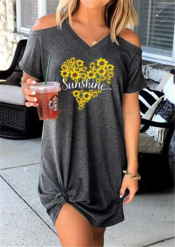 Sunshine Sunflower Off-the-shoulder Short Sleeve Dress