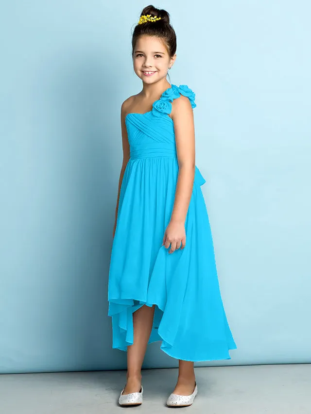 One-Shoulder A-Line Chiffon Long Junior Bridesmaid Dress Olive Green