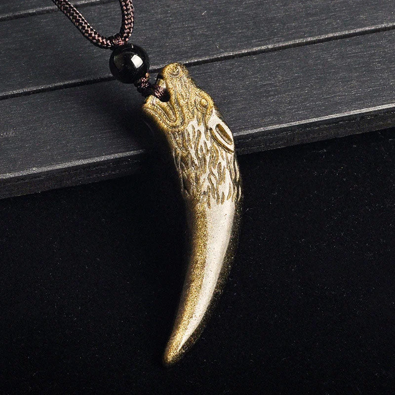 Natural Black Obsidian Ice Obsidian Rainbow Obsidian Wolf Tooth Pattern Strength Necklace Pendant