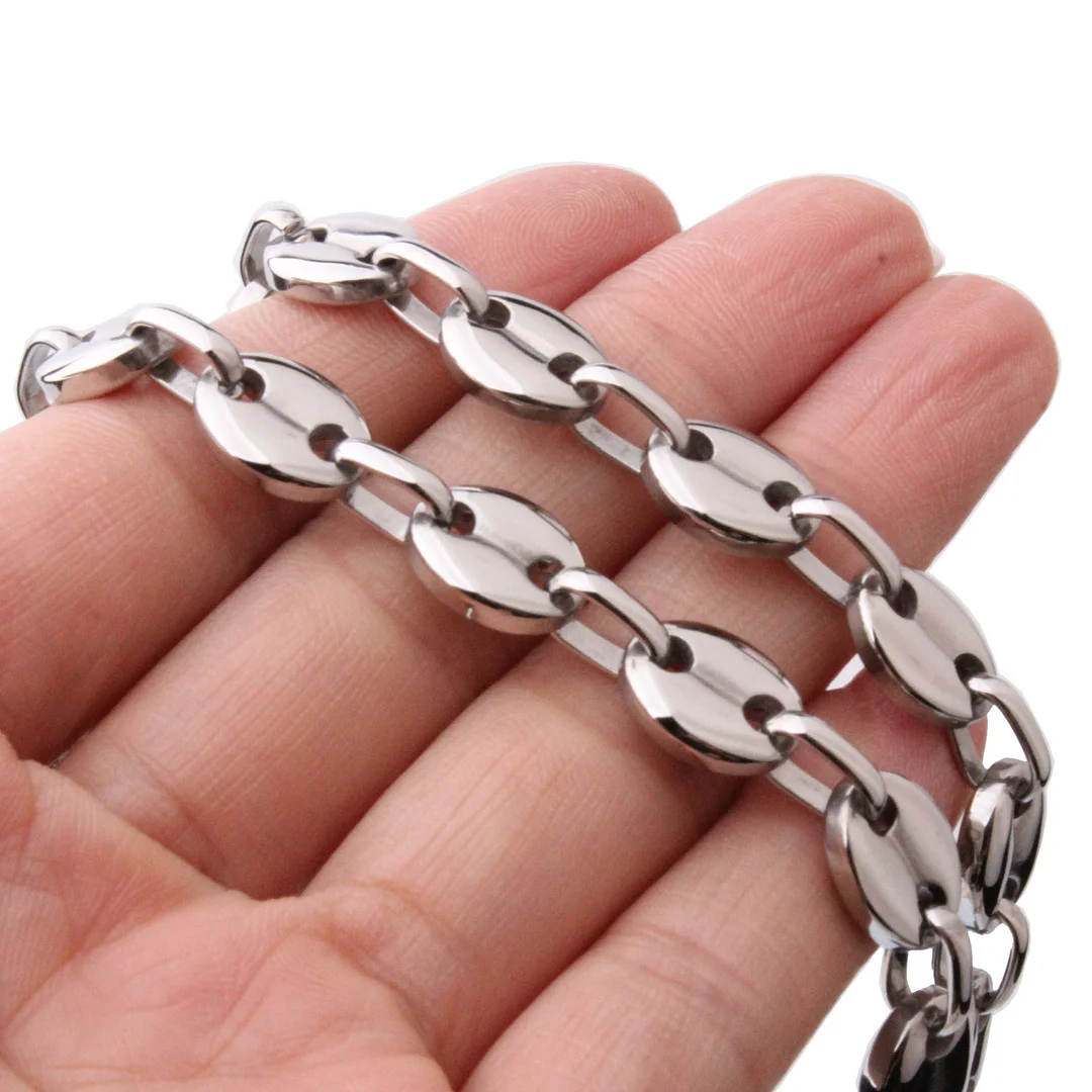 7mm/9mm/11mm Coffee Beans Link Chain Necklace Sliver Plated Titanium Stainless Steel Twisted Rope Chain for Men Women Hip Hop Rapper's Necklace