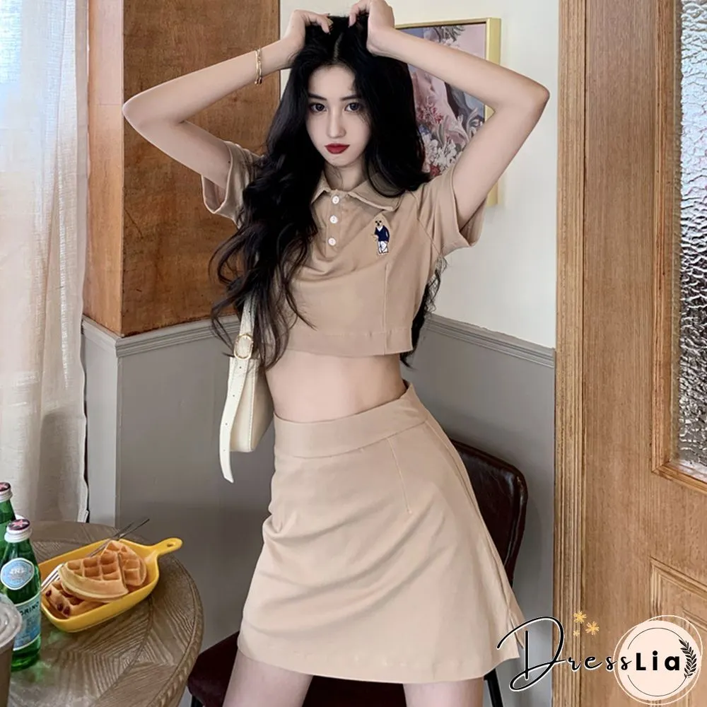 Sets Women Button Turn-Down Collar Crop Tops Embroidery Printed T-Shirts Sexy Mini Skirts