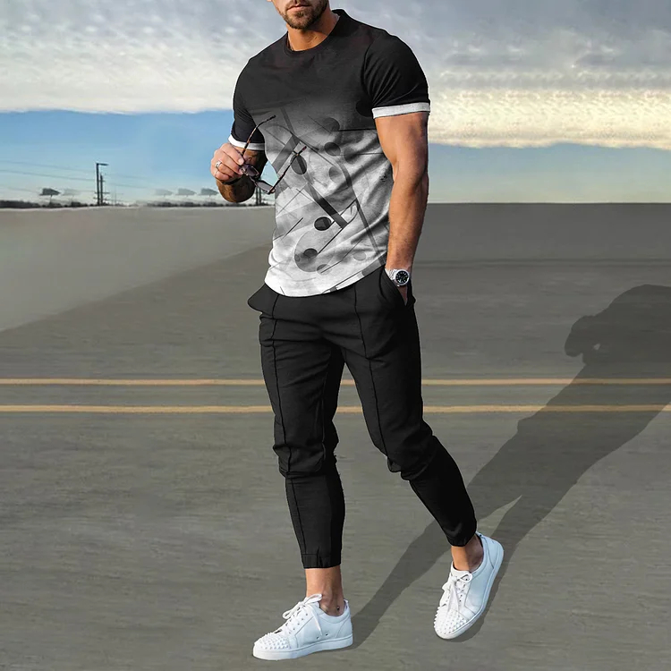 Black And White Music Gradient T-Shirt And Pants Co-Ord