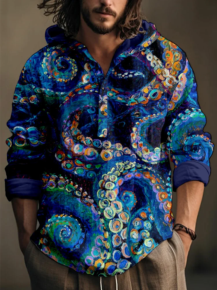 Octopus Oil Painting Art Linen Blend Hooded Shirt