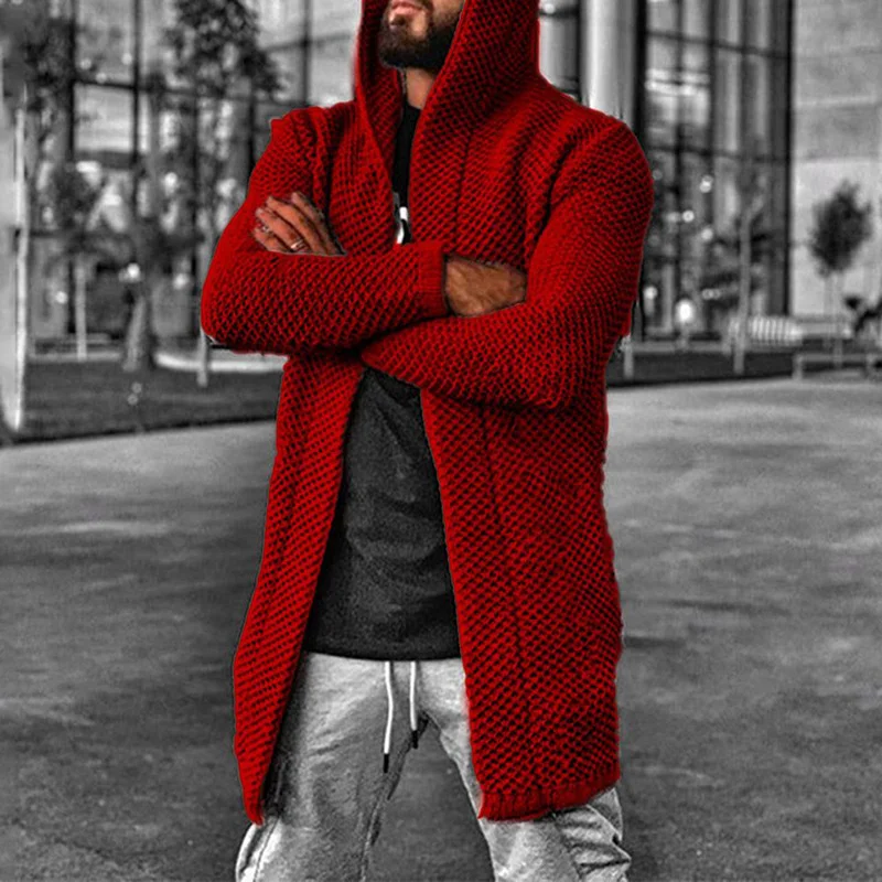 Men's Long Cardigan Sweater Knit Winter Hooded Sweater Jacket Coat