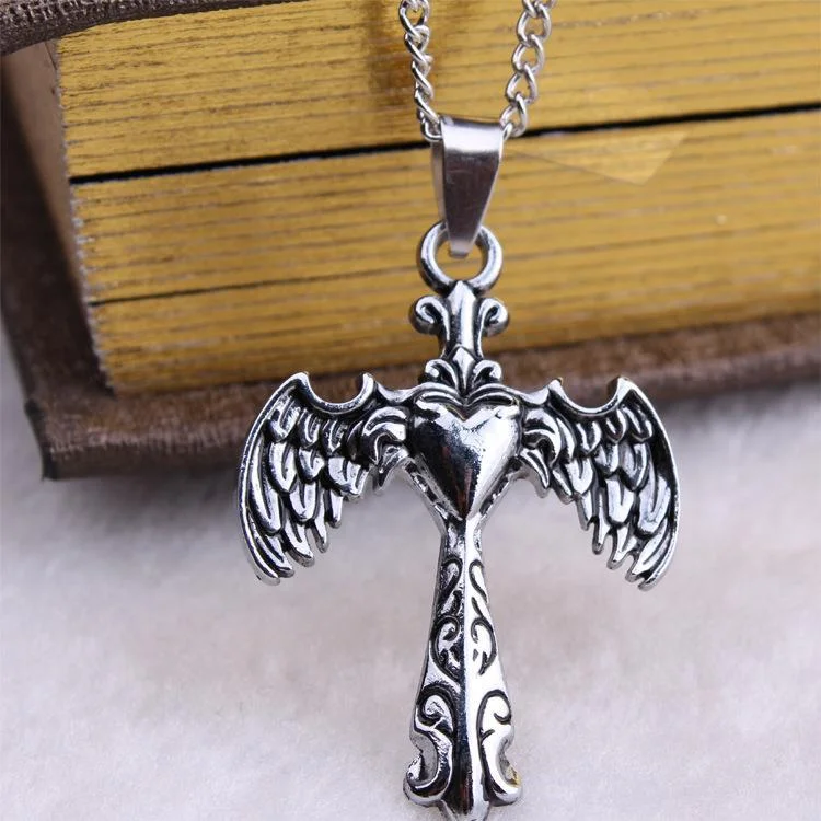 Angel wings love cross necklace