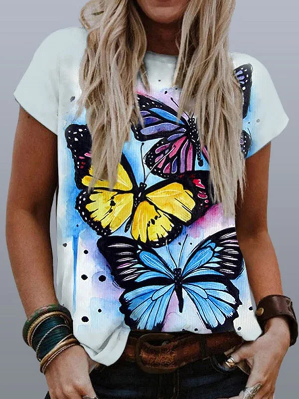 Abstract Butterfly Painting V-Neck Loose Print Short Sleeves